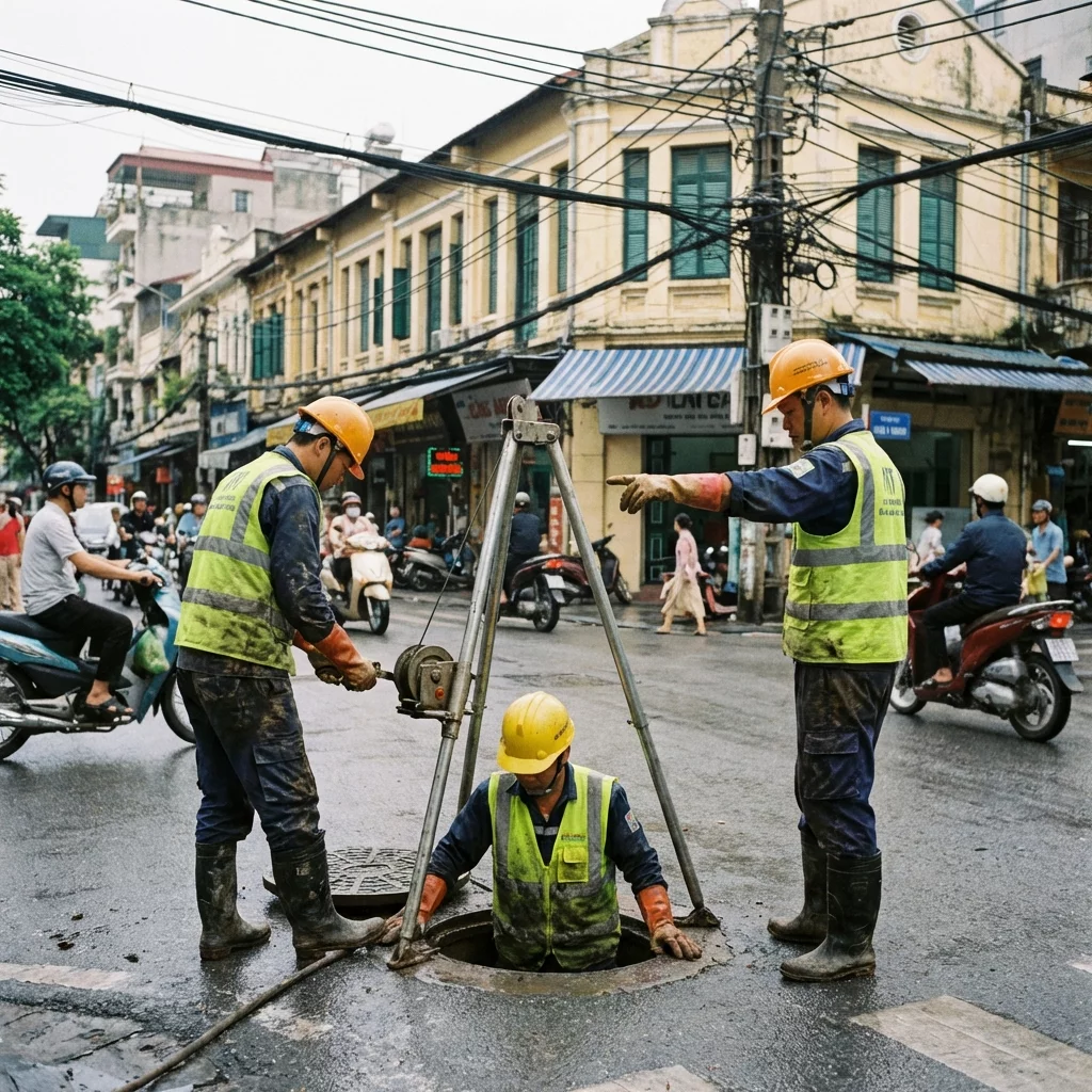 Công nhân đang thực hiện công tác rút hầm cầu, thông cống và vệ sinh đường phố.