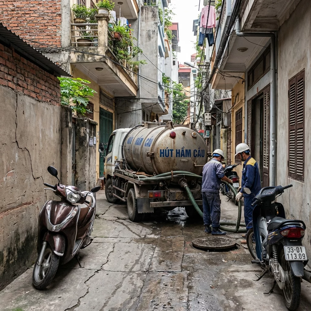 Hai công nhân đang thực hiện hút hầm cầu và thông cống trong một con hẻm nhỏ.